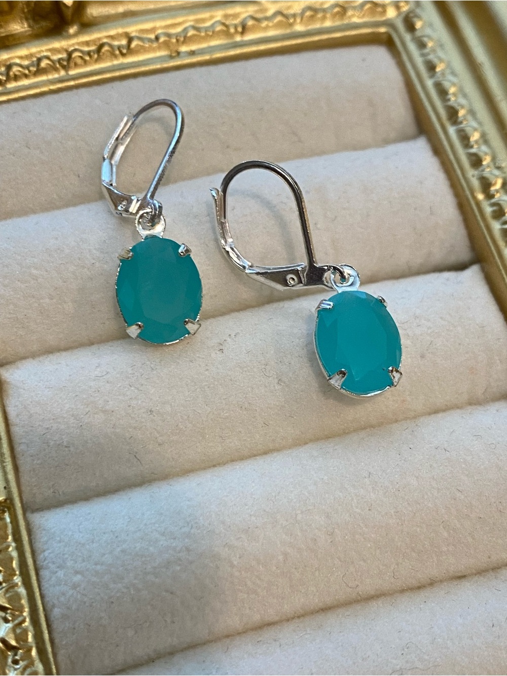 Teal Oval Drop Earrings with Silver Leverbacks